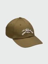 Gorro de béisbol color verde oliva con logo bordado en blanco.