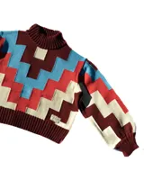 Sweater de cuello alto confeccionado en tejido de punto con diseño geométrico en bloques de colores bordó, rojo, celeste y beige. Presenta puños y ruedo acanalados y un pequeño parche decorativo en el frente.