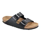 Sandalia Birkenstock modelo Arizona con dos correas ajustables de cuero engrasado negro, hebillas metálicas y plantilla anatómica de corcho y látex.