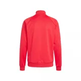 Campera deportiva Adidas Originals del Liverpool F.C. en color rojo con las icónicas tres tiras blancas en las mangas. Presenta cierre frontal, cuello alto y bolsillos laterales, con el logo del trébol de Adidas y el escudo del club bordados en el pecho.