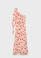 Vestido midi de corte recto con diseño asimétrico de un solo hombro, decorado con un volante en el escote. Presenta un estampado floral de rosas rojas sobre fondo color crema, cierre de cremallera lateral y forro interior.