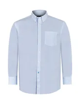 Camisa de manga larga RKF de corte regular, confeccionada en algodón con patrón de cuadros vichy en tonos celeste y blanco. Cuenta con cuello button-down, cierre frontal de botones, un bolsillo en el pecho con el logo bordado y puños ajustables.