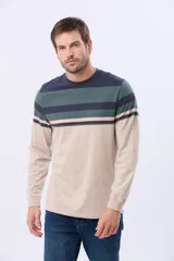 Remera de manga larga con cuello redondo, diseño a rayas horizontales en beige, marrón y azul marino, con finas líneas decorativas en rojo, azul y verde. Incluye un pequeño logo bordado en el pecho.