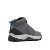 Bota de trekking Columbia modelo Transverse Hike Waterproof, color gris con detalles en negro, celeste y naranja. Confeccionada en cuero y malla, incorpora tecnologías Omni-Tech, TechLite y Omni-Grip para mayor impermeabilidad, amortiguación y tracción.