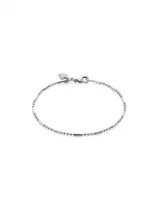 Pulsera plateada con eslabones de bolitas y piezas alargadas.