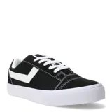 Championes urbanos Pony de lona color negro, con diseño clásico de caña baja, detalle de logo lateral en blanco y suela de goma blanca con textura.