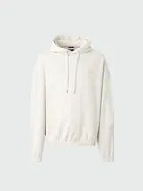 Buzo negro con capucha y cordones ajustables, corte holgado. Presenta un pequeño logo bordado en relieve en el pecho.