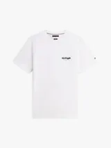 Remera Tommy Hilfiger de manga corta y cuello redondo en color blanco, con pequeño estampado gráfico de la marca en el pecho.