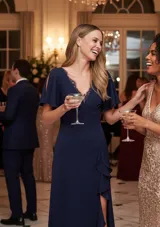 Vestido largo de fiesta color azul marino, con escote en V adornado con encaje, mangas cortas con abertura y falda con tajo lateral decorado con volados.