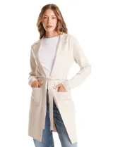 Chaqueta de punto marca Sioni, color beige, con frente abierto, lazo ajustable en la cintura, cuello con solapas y bolsillos frontales grandes.