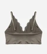 Conjunto de lencería compuesto por un soutien tipo bralette y una bombacha a juego. El soutien presenta un diseño de top con copas desmontables, confeccionado en microfibra color verde oliva con detalles de encaje negro en los bordes. La bombacha sigue la misma estética, combinando la microfibra verde con aplicaciones de encaje negro.