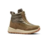 Bota casual de caña media con diseño híbrido entre zapatilla y bota, confeccionada en una combinación de materiales que incluye gamuza, textil acolchado metalizado y cuero texturizado. Presenta cierre frontal con cremallera, suela de plataforma dentada en tono crema y detalles en color bronce y marrón.