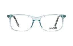 Armazón de anteojos recetados Focus Premium, con marco de acetato transparente en tono celeste y patillas con diseño carey.