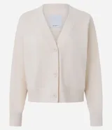 Cardigan de algodón color beige con escote en V, cierre frontal con botones y puños y cintura acanalados.