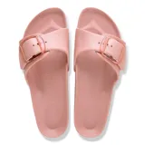 Sandalias Birkenstock modelo Madrid Big Buckle EVA, color rosa, con una sola tira ancha ajustable con una hebilla grande translúcida y plantilla anatómica.