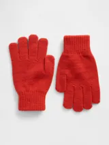 Guantes de punto tejido en color rojo, con puños elásticos acanalados.