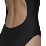 Malla enteriza deportiva Adidas color negro, con diseño de espalda cruzada y logo de la marca estampado en blanco en el pecho.