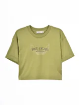 Remera de corte crop color verde oliva, con cuello redondo y mangas cortas con dobladillo. Presenta un estampado frontal con alas y la frase 'DREAM BIG'.