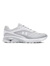 Championes Under Armour modelo HOVR Apparition, de diseño retro inspirado en el año 2009. Presentan una combinación de malla transpirable y refuerzos de cuero en color blanco y gris, con tecnología de amortiguación reactiva UA HOVR en la entresuela.