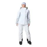 Pantalón de esquí Columbia modelo Bugaboo II, color blanco con refuerzos negros en la parte inferior. Cuenta con tecnología impermeable y transpirable, aislamiento térmico reflectante, cintura ajustable, bolsillos con cierre y polainas internas.