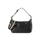 Cartera tipo gondola de cuero sintético graneado, con cierre superior y correa regulable. Presenta un aplique decorativo con el logo grabado en la parte frontal y herrajes plateados.