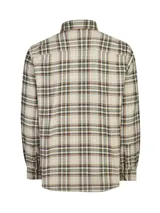 Camisa de manga larga RKF confeccionada en algodón orgánico, con diseño de cuadros en tonos beige, verde y naranja. Presenta cuello clásico, cierre frontal con botones y un bolsillo en el pecho con el logo de la marca bordado.