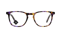 Anteojos de receta con armazón de acetato en diseño carey con tonos violetas y amarillos. Presentan una forma clásica redondeada con puente nasal ergonómico.
