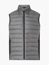 Chaleco gris con cierre frontal, cuello alto y bolsillos laterales con cierre.