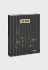 Pack de cuatro pares de medias de caña media marca Arrow, con diseños variados que incluyen rayas horizontales, puntos pequeños y lisos en tonos azul, negro, verde militar y gris.