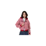Campera con capucha y cierre frontal de Eme Studios, modelo Capri Cherry Full Zip. Diseño a rayas horizontales rojas y blancas, con estampa tipográfica en el pecho y bolsillos tipo canguro.