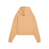 Campera Puma de mujer color negro, con cierre frontal, capucha ajustable con cordón, bolsillos tipo canguro y logo Puma bordado en el pecho. Presenta un diseño acanalado vertical.