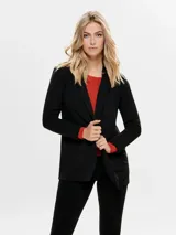 Blazer largo de punto elástico color negro, con cuello de solapas y diseño abierto sin botones.