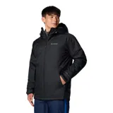 Campera técnica de invierno Columbia, color negro, con tecnología Omni-Heat y Omni-Tech. Cuenta con capucha ajustable, cierre frontal completo, bolsillos laterales con cremallera y bolsillo en el pecho con cierre sellado.