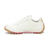Sneakers Caterpillar modelo Trigen Ws para mujer, de color blanco con detalles dorados y fucsia, y suela dentada de goma marrón.