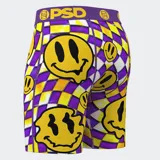 Calzoncillos bóxer de hombre con estampado de cuadros amarillos, blancos y violetas, con caritas sonrientes amarillas.