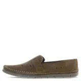 Zapatos tipo mocasín Freeway de cuero color marrón habana, con costuras decorativas visibles en el borde y perforaciones laterales para ventilación. Presenta una tira con cierre de velcro en el empeine y suela de goma gris con diseño ranurado.