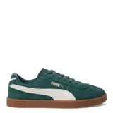 Championes Puma modelo Club II Era Suede, de estilo urbano con diseño retro inspirado en las canchas. Presentan una capellada de gamuza negra con la icónica franja lateral en color blanco y suela de goma color caramelo.