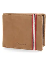 Billetera de cuero nobuk color tostado, con detalle de banda elástica tricolor en el frente y logo de la marca grabado. El interior está confeccionado en cuero clásico.