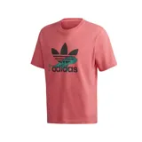 Remera rosa de corte clásico con logo Adidas en el frente que incluye el trébol y un diseño de un lagarto con anteojos.