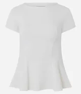 Blusa de corte peplum confeccionada en tejido Punto Roma, con escote redondo, mangas cortas y recortes estructurados que definen la silueta.