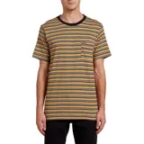 Remera de manga corta Volcom con diseño de rayas horizontales en tonos amarillo, naranja, gris y negro. Presenta cuello redondo en color negro y un bolsillo frontal en el pecho con etiqueta de la marca.