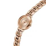 Reloj analógico Guess modelo Leena con caja de 27mm en tono oro rosa. La esfera presenta un diseño minimalista con un anillo interior decorado con cristales. La correa es de acero inoxidable en tono oro rosa con un diseño tipo brazalete de eslabones esféricos.
