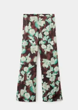 Pantalón de corte flare con estampado floral en tonos oscuros y verdes. Presenta tiro medio, cintura con elástico y forro interior.