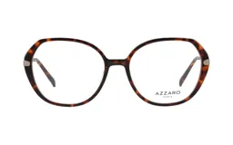 Armazón para lentes de acetato color carey, de forma redonda y con detalles metálicos plateados en las bisagras. Marca Azzaro, modelo 30376.