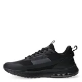 Championes deportivos de color negro con diseño moderno, confeccionados en malla y materiales sintéticos. Presentan suela con cámara de aire visible en el talón y cierre mediante cordones.