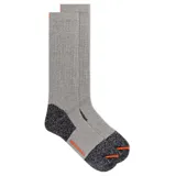 Medias de caña alta Merrell color gris con talón y puntera reforzados en color negro, detalles en naranja y amortiguación completa.