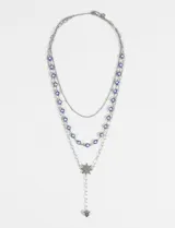 Collar tipo cascada de acero quirúrgico compuesto por dos cadenas, una con cuentas de ojitos turcos azules y otra con un dije central en forma de estrella y un dije inferior en forma de corazón.