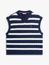Chaleco de punto trenzado de Tommy Hilfiger en color azul marino y blanco a rayas, con cuello en V.