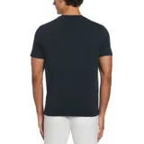 Remera negra de algodón con cuello redondo y manga corta. Estampado frontal con el logo de Original Penguin en blanco y naranja.