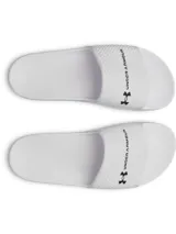 Sandalias Under Armour modelo Armour Slide Lite, color blanco con diseño moldeado de una sola pieza y textura en la tira superior, que incluye el logo de la marca en color negro.